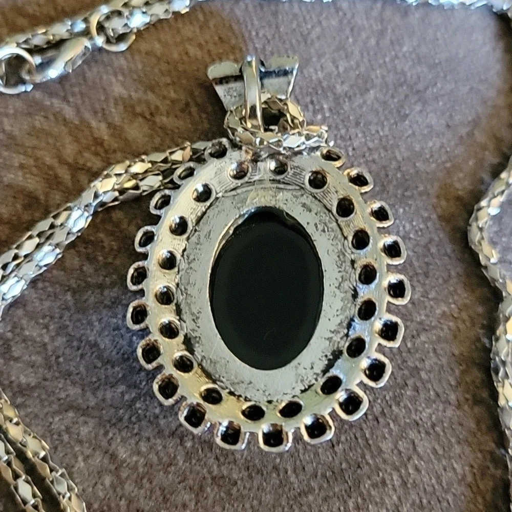 Black Cabochon Pendant Goth Castlecore Chain Necklace